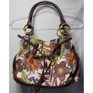 Relic vtg Cvas Floral Prt Satchel Shoulder Bag Brwn Leather Trim Tortoise Accets
